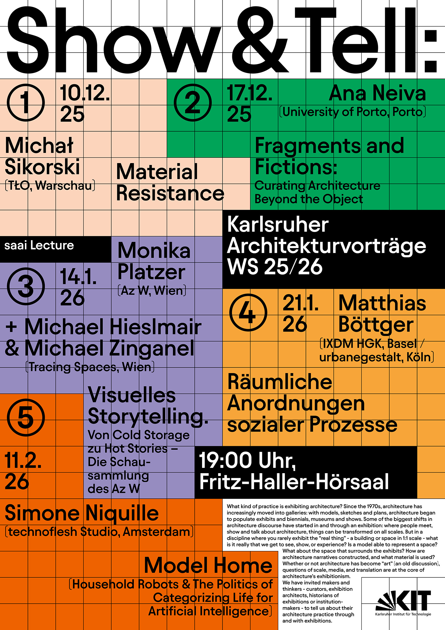 Grafik mit Terminen und Referenten der Karlsruher Architekturvorträge WS 25/26 im Fritz-Haller-Hörsaal.