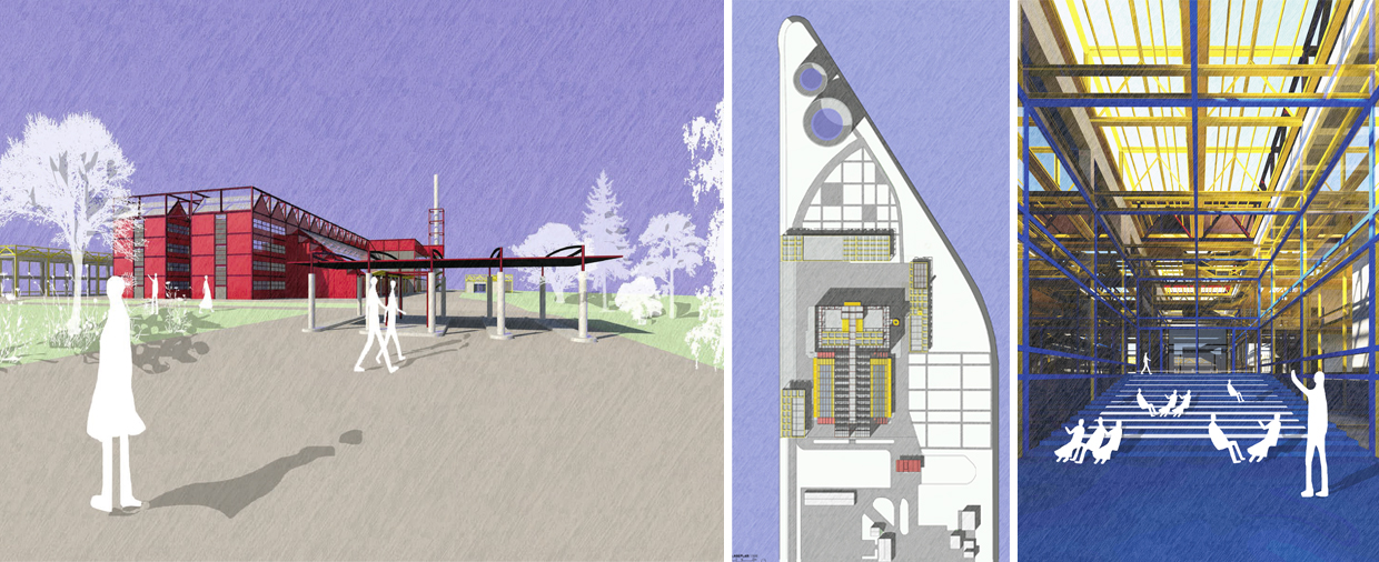 Léa Christen 3 Visualisierungen eines Industriegebäudes. Von links nach rechts: Straßenperspektive, Dachaufsicht im städtebaulichen Kontext, Innenraumperspektive mit Blick auf eine Sitztreppe