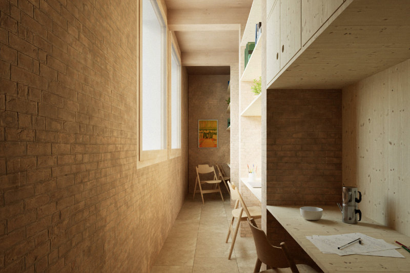 Rendering von einem Innenraum mit Arbeitsbereich aus Holzmöbeln neben einer Ziegelwand
