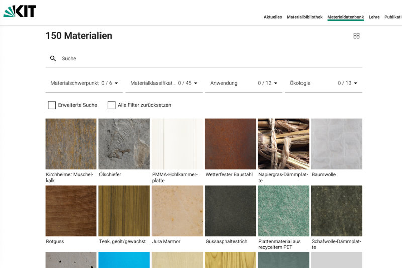 Screenshot der Online-Materialdatenbank