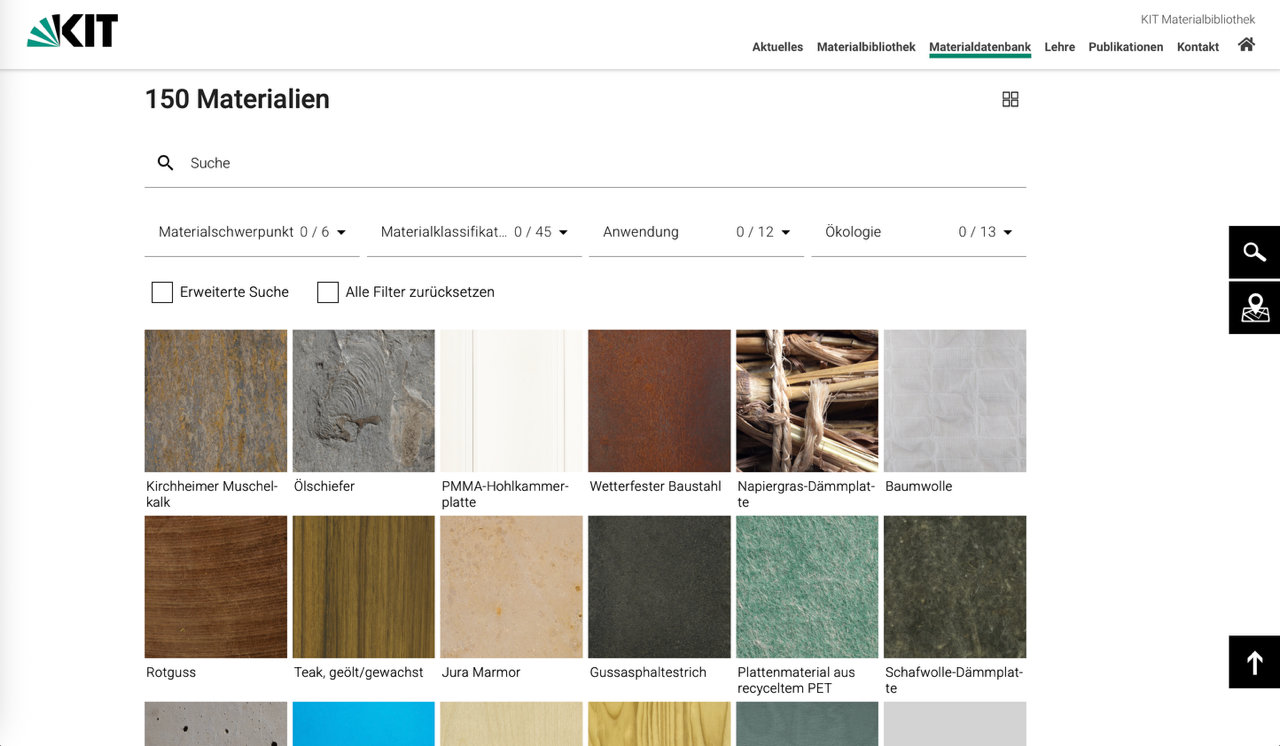 Screenshot der Online-Materialdatenbank