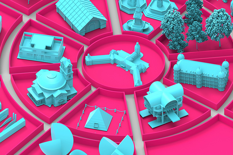 3D-Illustration mit berühmten Bauwerken und Symbolen auf kreisförmigen pinken Platten.