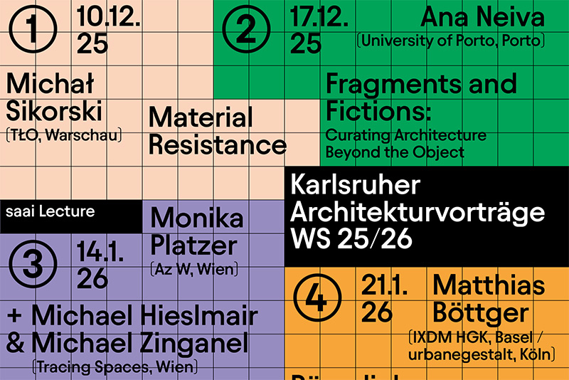 Plakat der Karlsruher Architekturvorträge WS 25/26 mit Terminen und Referenten in Farbfeldern.