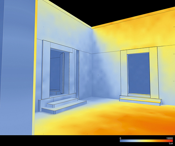 Beleuchtungsstärkekarte (Lux) eines Raumes als farbkodierte 3D-Simulation.